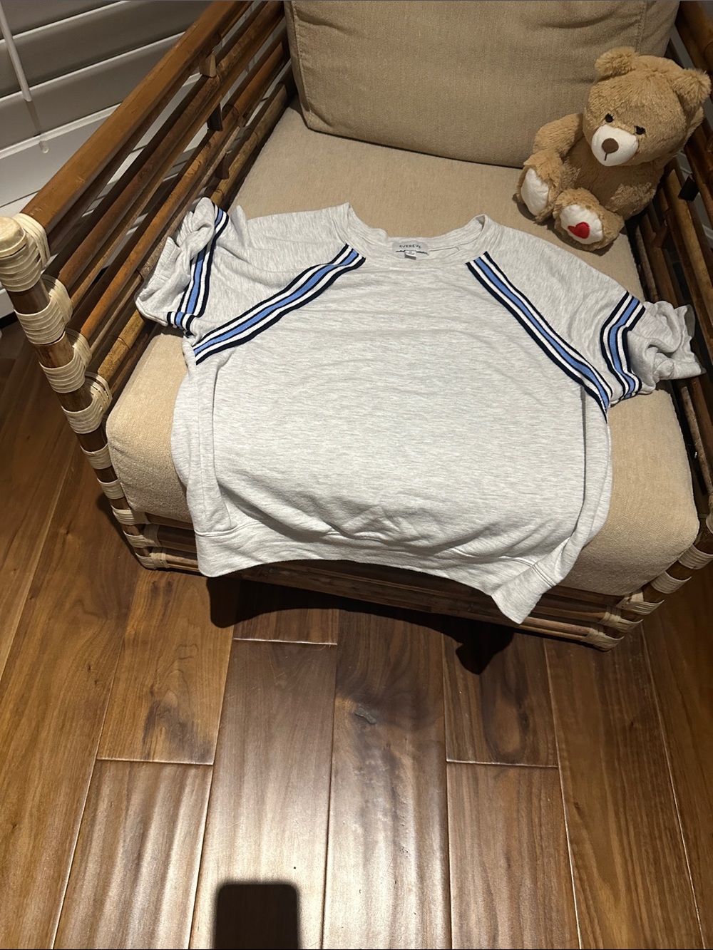 Evereve Heather Gray Short Sleeve Sweatshirt with Blue Stripe Detail